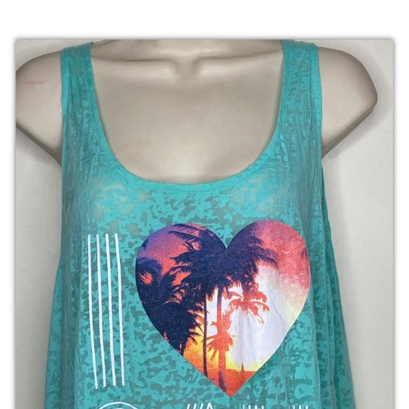 Rampage Women’s I Love Cali Tank Top XL Turquoise With Fringe Semi-Sheer Summer - Picture 3 of 11